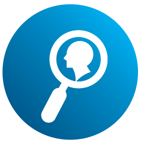 Blue icon depicting a person under a magnifying glass.