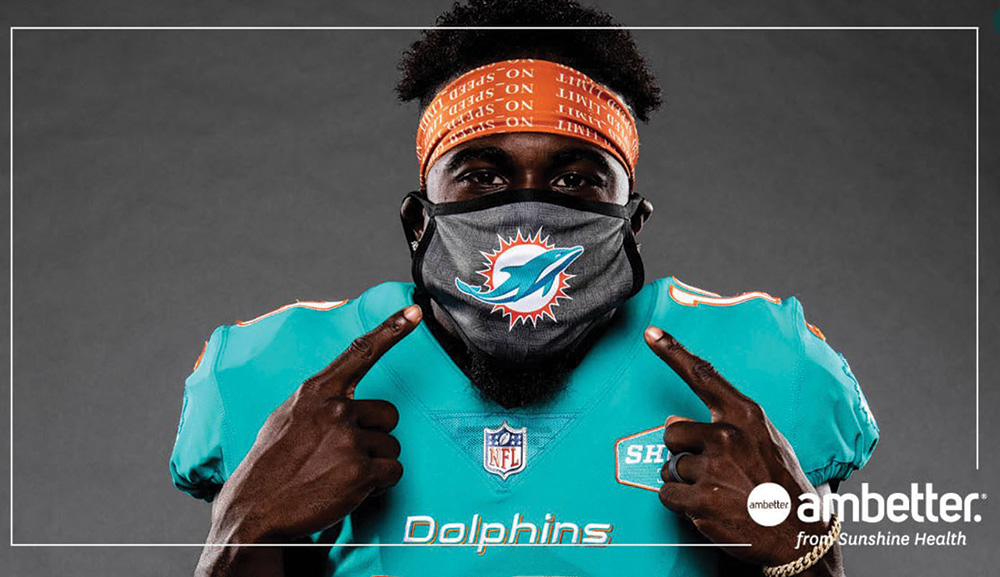 Ambetter ad featuring a Dolphins football player wearing a mask.